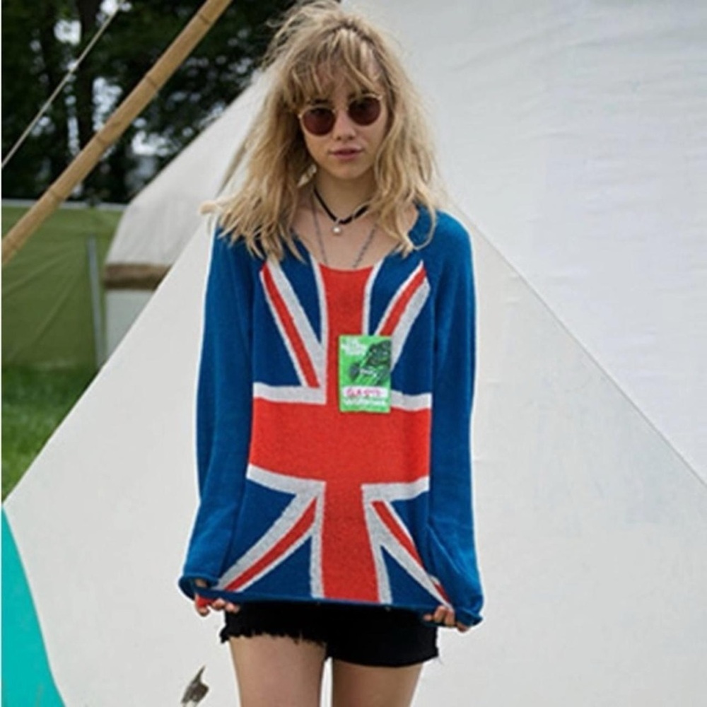 Vintage Wild Fox Indie Union Jack British Flag Knit Wool Pullover Sweater - Picture 6 of 6
